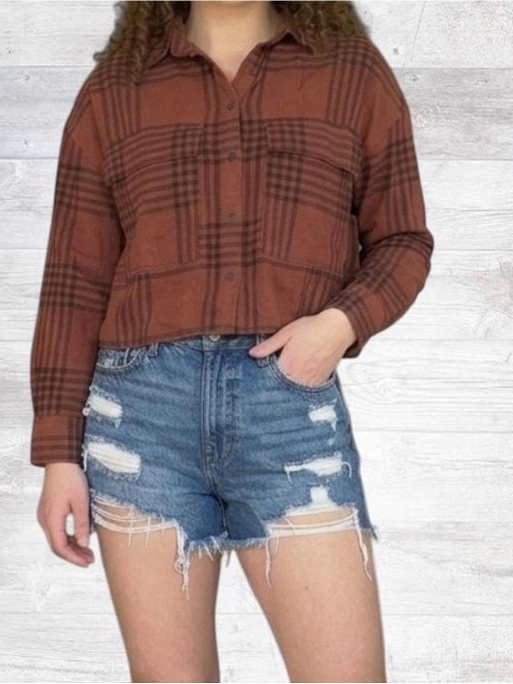 Abercrombie & Fitch Rust Plaid Cropped Button-Down